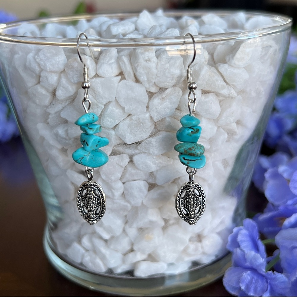 Turquoise‎ Chip and Silver Charm BOHO Dangle Earrings Handmade